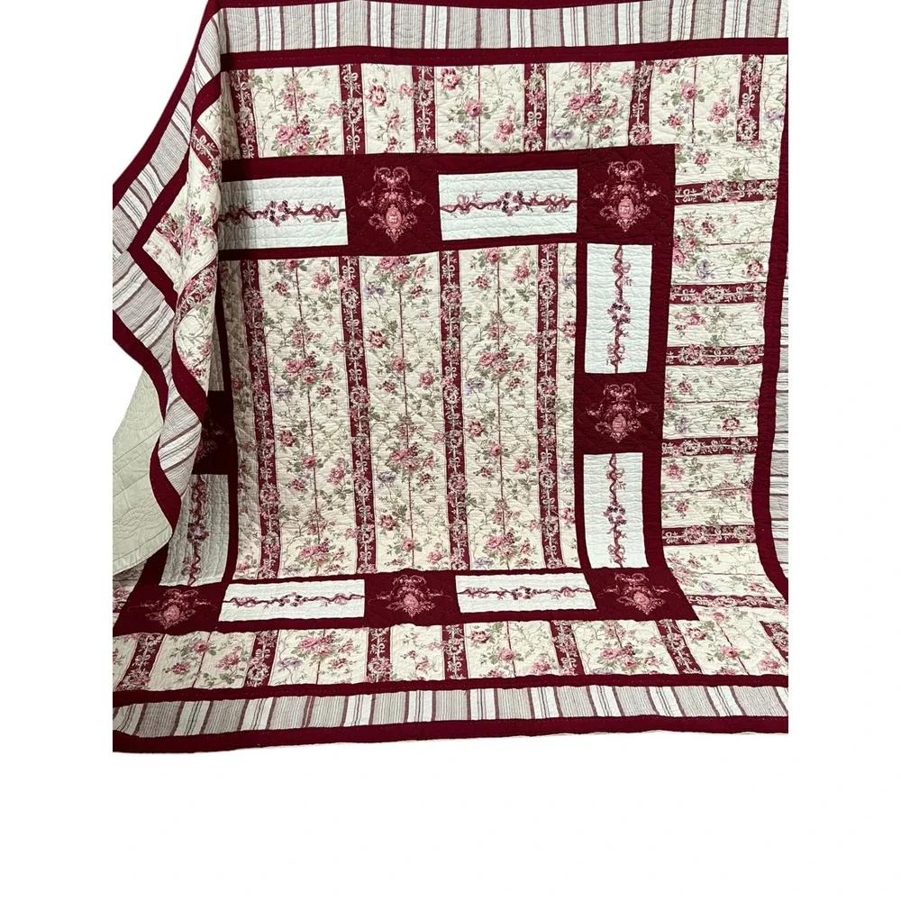 Vintage King Quilt Red Floral Stripe Shabby Chic French Country Bedding 100x90